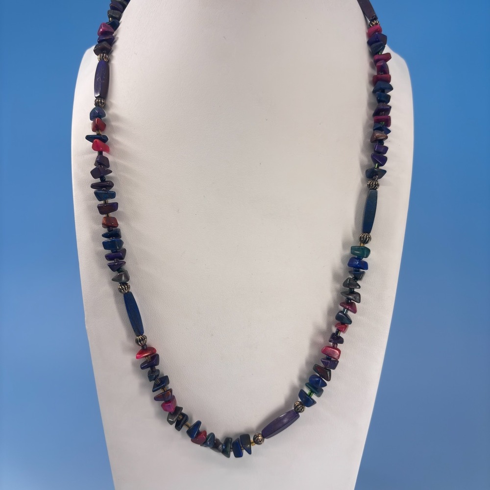 Multicolor Chip Bead Necklace Purple Blue Pink Silver Tone Boho Y2K Statement